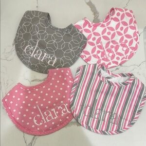 Set of 4 Trend Lab Velcro Pink & Gray Patterned Baby Bibs Monogrammed “Clara” OS